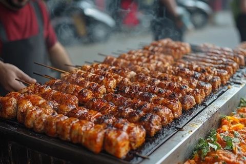 炭烤牛肉串配濃郁番茄醬，色香味俱佳！當然可以！以下是羊肉串的制作方法