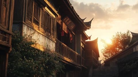 晚照映襯下，斜塘老街：水鄉美景與繁華交相輝映