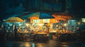 夜幕低垂,龍祥美食街漸漸披上了它獨有的璀璨外衣,霓虹燈交織成一幅幅絢麗的畫卷